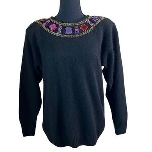 Santoria Women’s 90’s Vintage Silk Blend Jeweled Sweater Black Size Medium